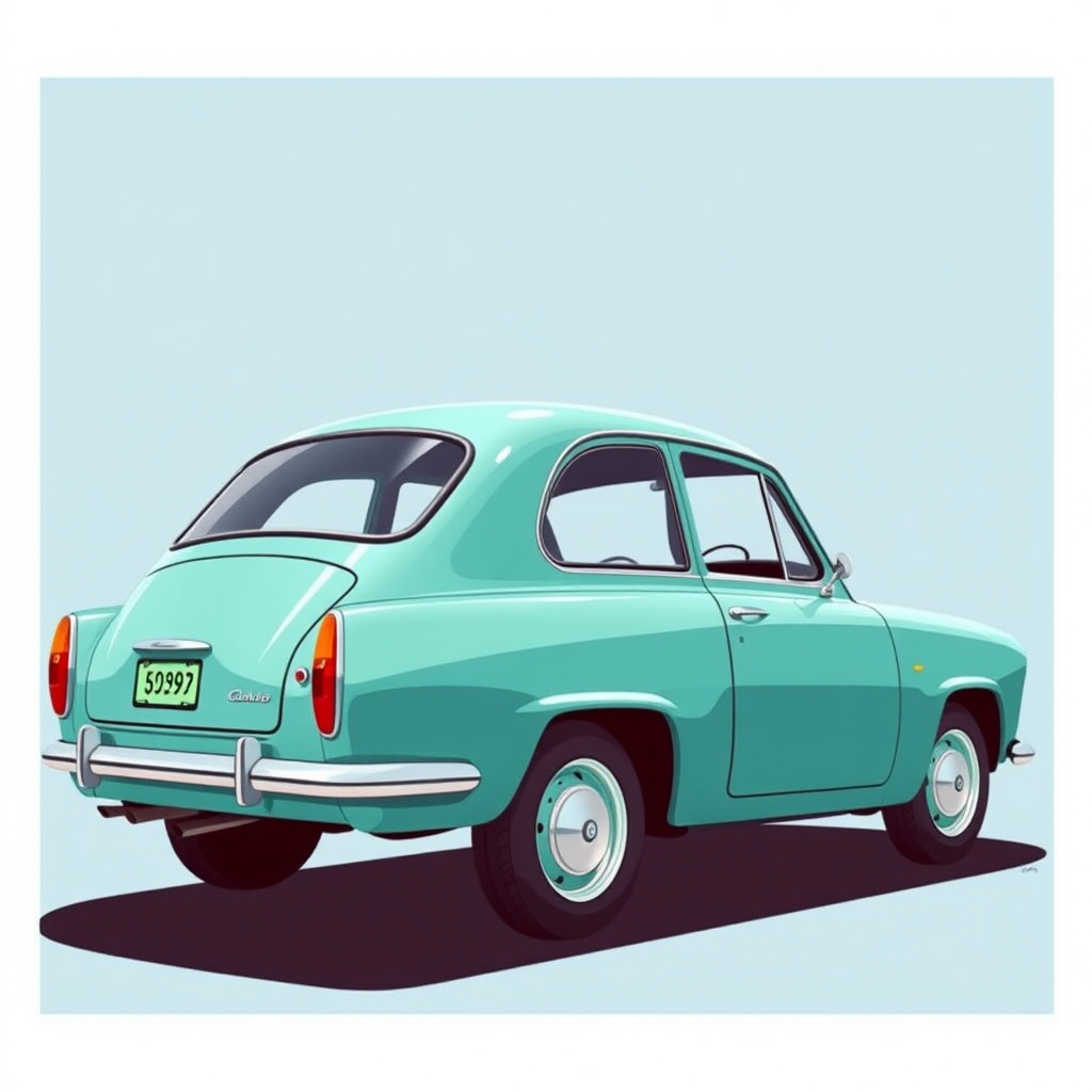 Generate a high-resolution illustration of a classic teal-colored car in profile view with a clear blue background, using a DSLR camera with a 50mm lens, aperture set to f/2.8, shutter speed 1/100 sec, ISO 100, and soft natural lighting to enhance colors and details.