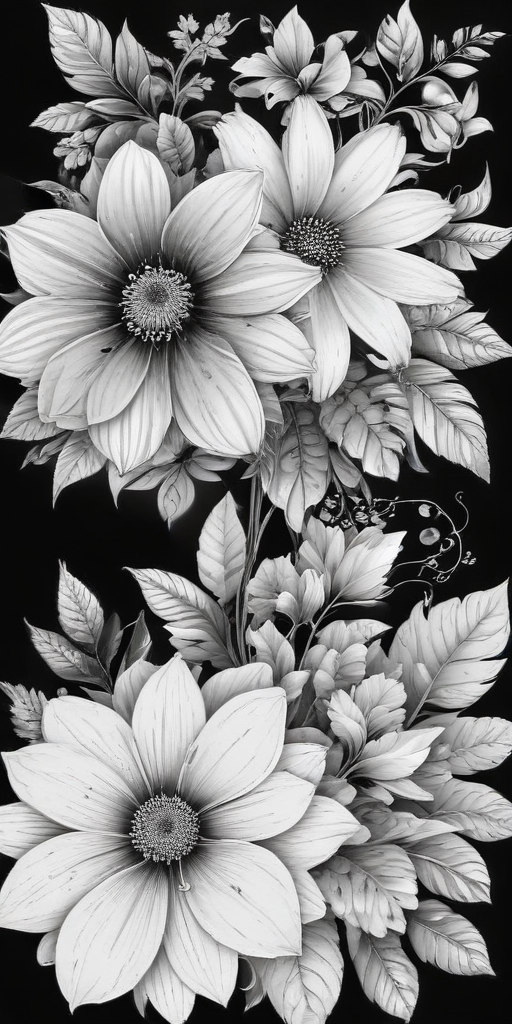 Elegant Black and White Floral Design Featuring Large Blossoms and Leaves
