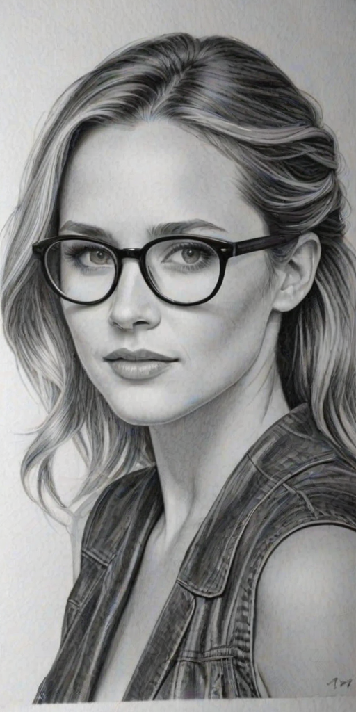 Splendid Shantel VanSanten, pencil sketch, portrait of Gorgeous woman 1978s in glasses, hair style beatnik, outline, clear lines, fine lines, 8k
