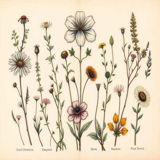 Botanical illustrative tattoo titled "Floral Chronicle" showcasing a detailed array of native wildflowers and herbs, with scientific labels and delicate shading to mimic vintage botanical drawings