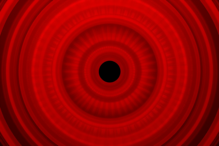 Create a vibrant concentric circle pattern with a deep red gradient background, central black circle, high-resolution, aperture f/2.8, ISO 100, 24mm lens, top-down view, digital camera.