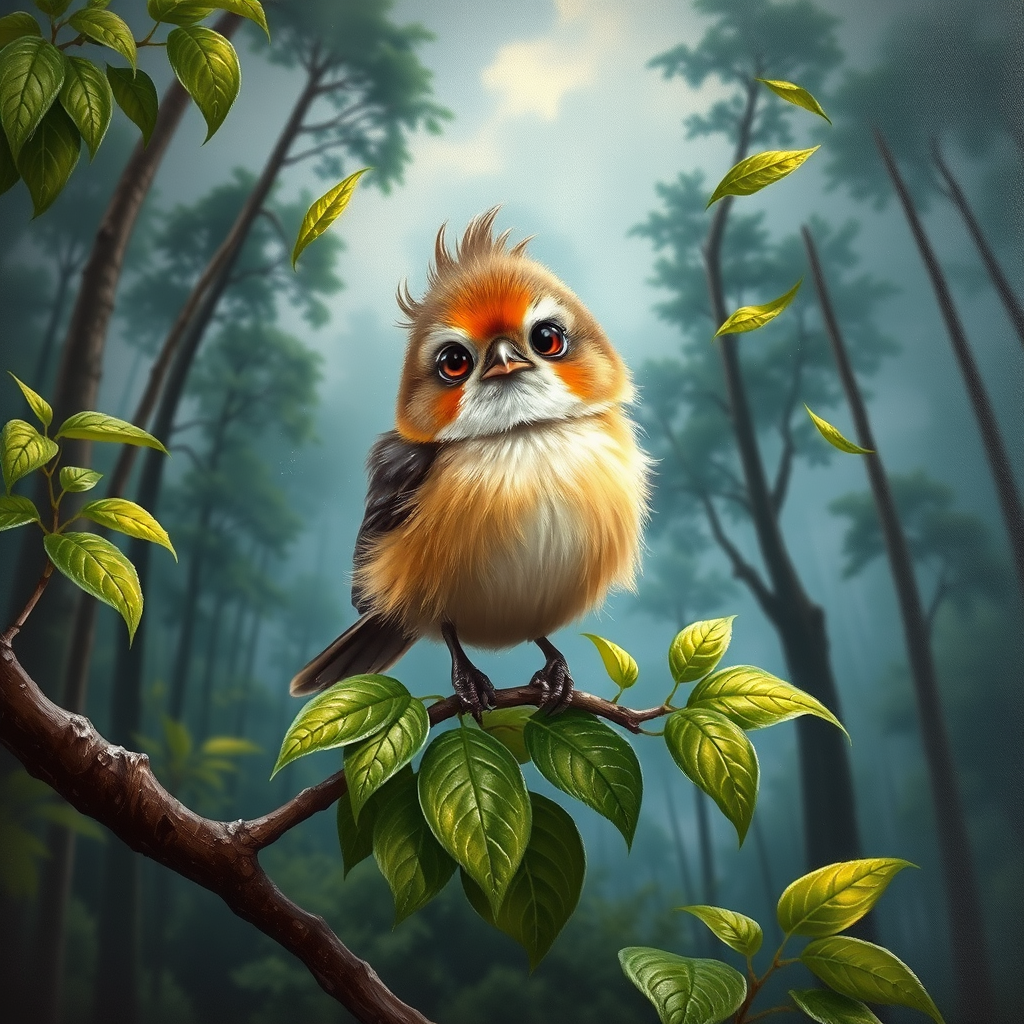 airbrushed oil painting,  a cute little bird, sitting on a branch with lush leaves, startled eyes, his feathers ruffled and blown up, leaves in the air, background bending trees in a forest, storm clouds