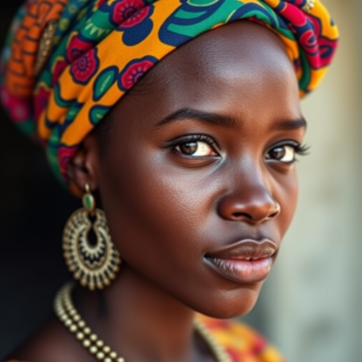 portrait of a young African woman with a colorful headwrap and large earrings, soft lighting, shallow depth of field, 50mm lens, f/1.8, ISO 100, natural light, taken from eye level