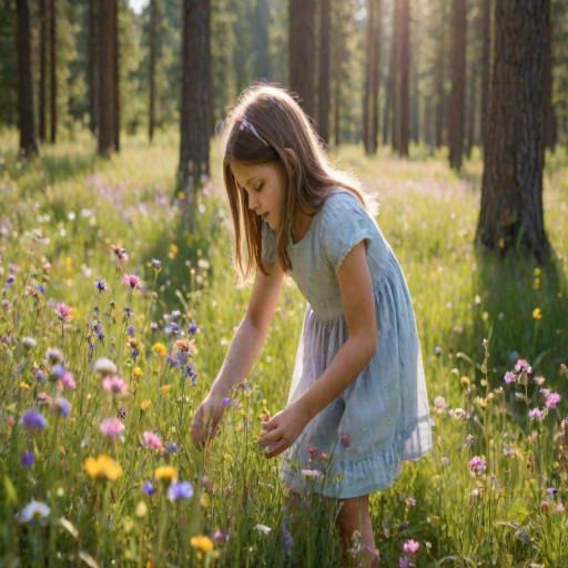 Softly focused photo of a young girl picking flowers in a sun-drenched meadow, soft light filtering through the surrounding trees, with distant wildflowers swaying gently in the breeze.
