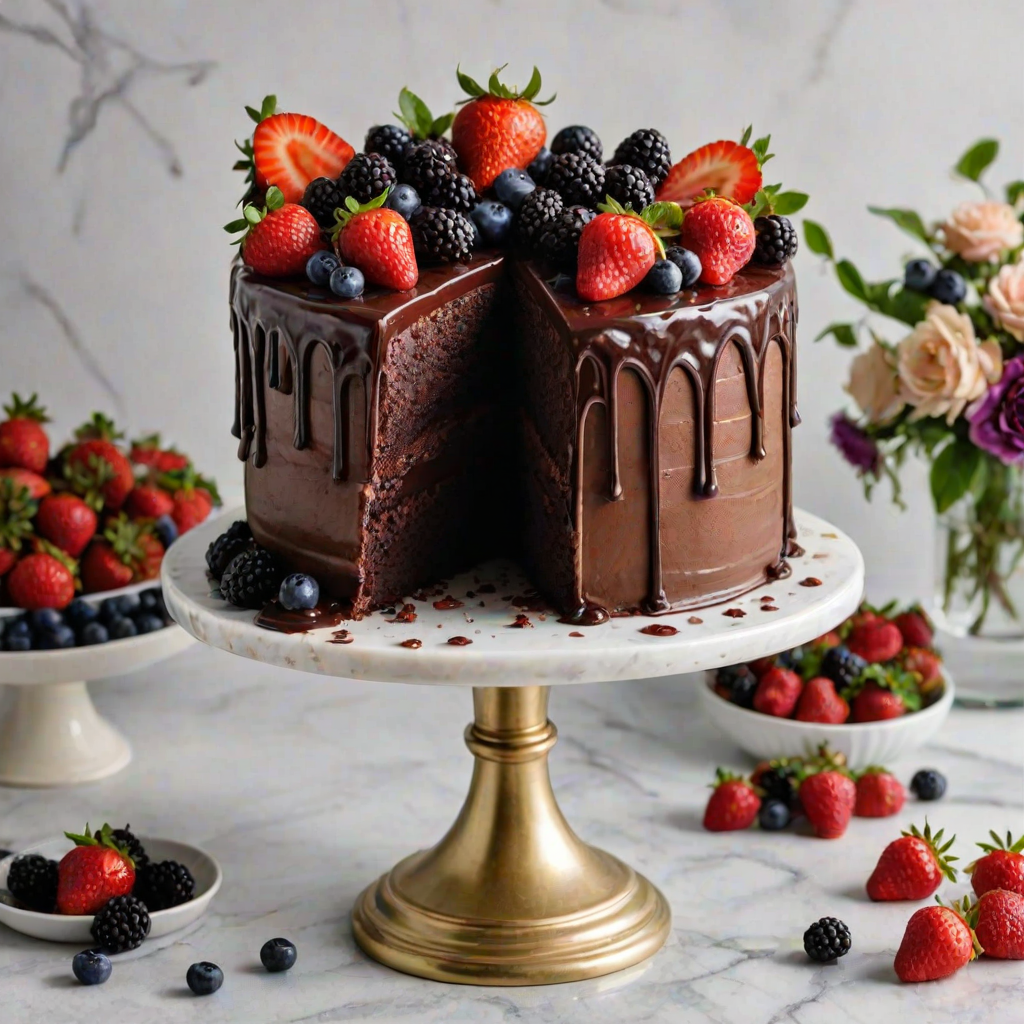 Generate an image of a decadent chocolate cake with a smooth, glossy chocolate ganache dripping down the sides. The cake is topped with an assortment of fresh berries, including strawberries, raspberries, blackberries, and blueberries. It is presented on a marble cake stand with floral arrangements and additional berries surrounding it for an elegant touch.
