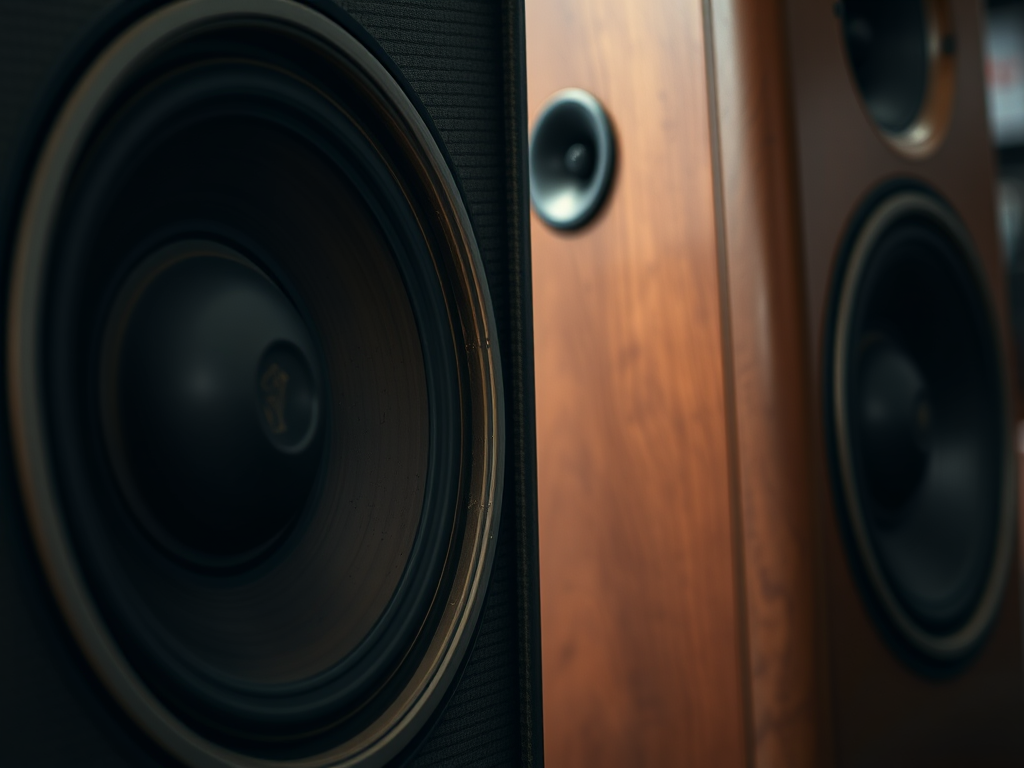 High-resolution image of vintage speakers, focusing on texture and details, shot with a Canon EOS 5D Mark IV, 50mm f/1.8 lens, Aperture f/4, ISO 100, shot in natural light from a straight-on angle to emphasize depth and contrast.