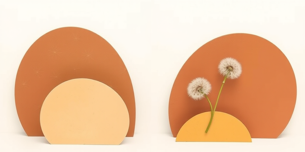 Create a minimalistic abstract design featuring dandelion-like flowers on organic-shaped color blocks in earthy tones, captured with a Canon EOS R5, 50mm lens, f/1.8, ISO 100, soft natural lighting for enhanced clarity and texture.