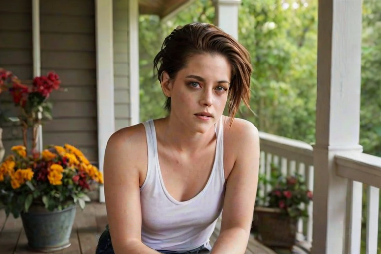 A photo of Kristen Stewart with a background of a cozy porch. She has dark hair pulled back in an updo, with tendrils framing her face. She wears a white tank top and sits on the porch. The porch is part of a well-lit home with a warm, earthy tone and colorful flowers and foliage. The overall scene has a warm, welcoming, and comfortable ambiance.