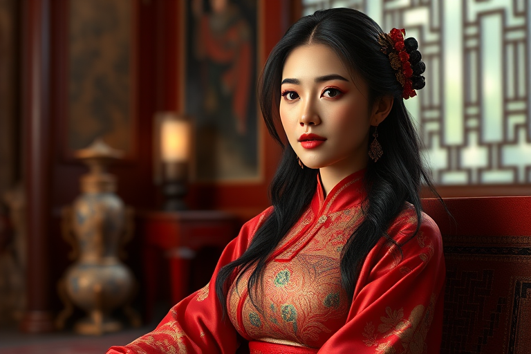 A beautiful Latino woman in traditional East Asian attire, intricately detailed with embroidered patterns, sitting gracefully in a richly decorated room, soft ambient lighting, serene and elegant, ultra-realistic, 8K resolution
