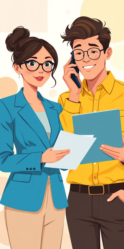 Create a digital illustration featuring a man in a yellow shirt on the phone looking at a document and a woman in a blue blazer holding a laptop; use a soft focus background with warm pastel colors, a medium shot view, digital art style, and a high-resolution setting at 300 DPI.
