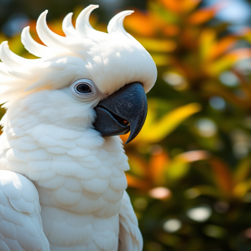 Capture a close-up of a white cockatoo with vibrant green foliage in the background, using a Canon EOS 5D Mark IV, 85mm lens, aperture f/2.8, ISO 100, portrait orientation, natural lighting for enhanced detail and clarity.