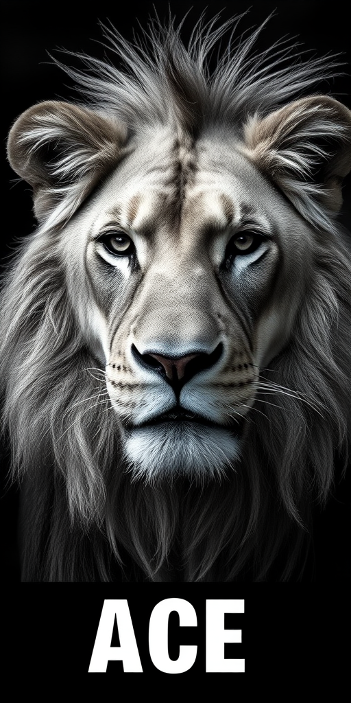 create a highly detailed monochrome image of a lion's face with a dark textured background, focus on sharp contrast and fine fur details, using a Canon EOS 5D Mark IV with an 85mm f/1.4 lens at ISO 100, f/2.8, and a shutter speed of 1/125 sec, capturing a front view with a shallow depth of field to enhance the subject clarity and add a striking "ACE" text overlay in a bold font at the bottom.