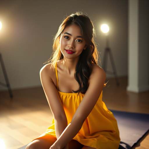Resplendent photo of woman:Chinese:0.4, highlight hair, wearing Banana dress, sitting on Yoga mat, rim lighting, studio lighting, looking at the camera, dslr, ultra quality, sharp focus, tack sharp, dof, film grain, Fujifilm XT3, crystal clear, 8K UHD, highly detailed glossy eyes, high detailed skin, skin pores