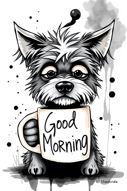 A quirky, artistic illustration of a disheveled bossie dog breed with exaggerated, large eyes and spiky fur, holding a coffee mug that reads "Good Morning". The dog has a tired but humorous expression, with ink splatters and abstract details surrounding it, giving a whimsical feel to the image. The color palette is mostly monochrome with hints of black in the eyes and steam rising from the mug, enhancing the overall sleepy vibe
