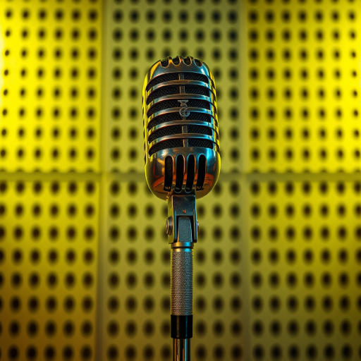 Create a high-resolution image of a vintage microphone on a stage with a perforated metal background, illuminated with soft yellow lighting, using a DSLR camera with a 50mm lens at f/2.8, ISO 100, and a 1/125s shutter speed, in a top-down perspective to emphasize the microphone.