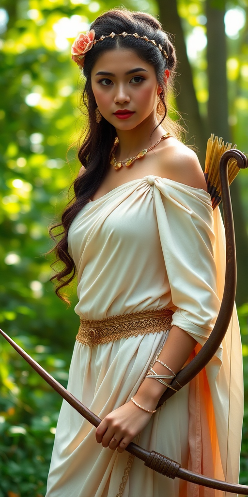 Create a portrait of a goddess-like Maori girl figure in a tranquil, forested environment. She has an elegant appearance with long, wavy hair styled in an updo and adorned with a delicate, floral headband. She wears a flowing, ancient Greek-inspired gown in a soft, pale color, featuring a one-shoulder design and draped fabric that accentuates her graceful form. The outfit includes a decorative belt with ornate gold detailing, and she holds a bow in her hand, with a quiver of arrows slung over her shoulder. The background depicts lush greenery, with sunlight filtering through the trees, casting a gentle, ethereal light on the scene. Her expression is calm and contemplative, embodying a sense of wisdom and serenity.