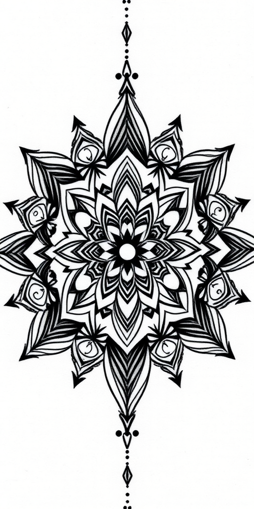 Intricate blackwork geometric tattoo called "Sacred Symmetry" showcasing a complex pattern of interconnected triangles, circles, and hexagons forming a mesmerizing mandala-like design, with bold solid black lines and precise dotwork shading creating depth and dimension in a striking monochromatic style