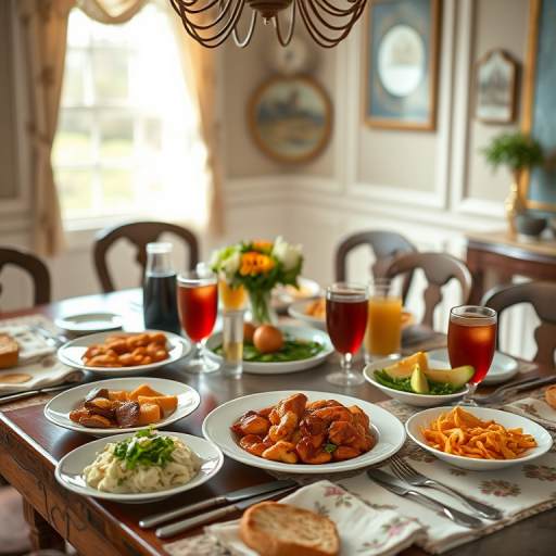 photograph of a vintage-style dining table set with a variety of foods including a main dish, sides, and drinks, soft natural lighting, shallow depth of field, 50mm lens, f/1.8 aperture, ISO 200, shot from eye level, using a DSLR camera, high resolution