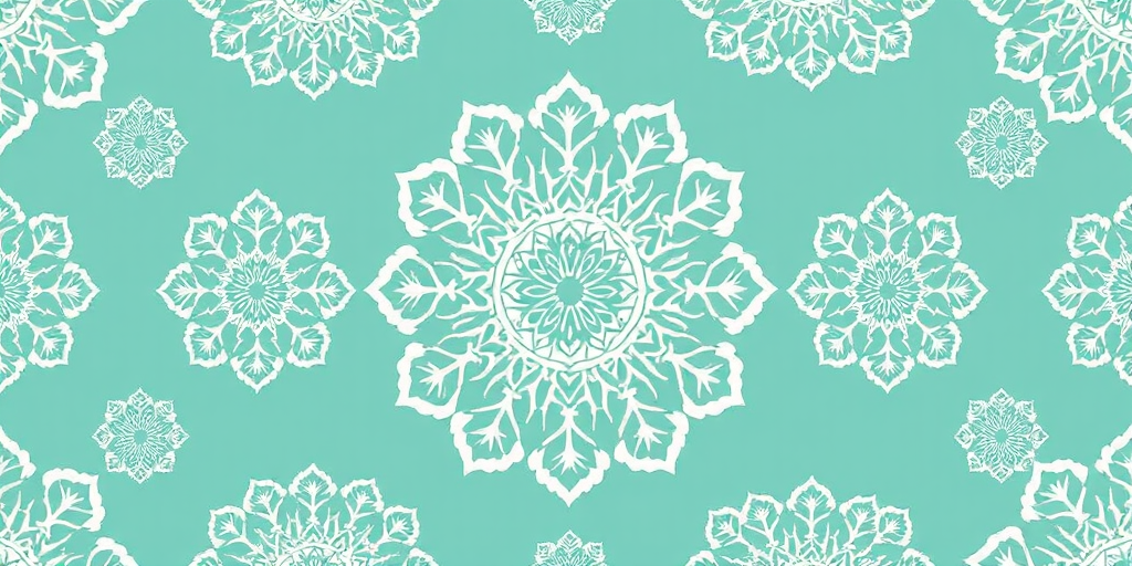 Create a seamless pattern featuring intricate lace-like mandalas in white and beige on a teal background, shot with a DSLR camera at f/8 aperture, 50mm lens, ISO 200, top-down view, in soft natural light.