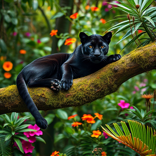 Regenerate an image of a black panther lounging on a moss-covered branch in a vibrant jungle filled with colorful flowers and lush green foliage, captured with a Canon EOS R5, 50mm lens, f/1.8 aperture, ISO 200, 1/100s shutter speed, natural light, with a shallow depth of field to enhance detail and focus on the panther.