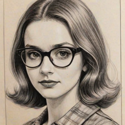 Appealing Maude Apatow, pencil sketch, portrait of Gorgeous woman 1960s in glasses, hair style beatnik, outline, clear lines, fine lines, 8k