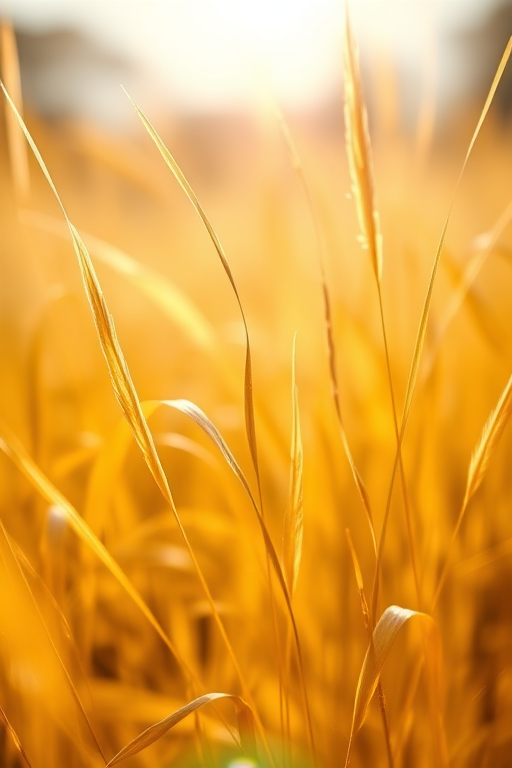 Capture a close-up of golden grass with soft focus in a bright sunlit setting, using a DSLR camera, 50mm f/1.8 lens, aperture at f/2.8, 1/200s shutter speed, ISO 200, with a shallow depth of field to emphasize texture and light.