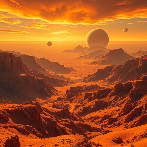 Generate a high-resolution digital painting of an alien landscape with orange and golden hues, featuring rugged mountains and distant planets in a vibrant sky, shot with a Canon EOS R5, 24mm lens, f/8 aperture, ISO 100, 1/200 sec shutter speed, in a wide-angle view to capture the expansive terrain.