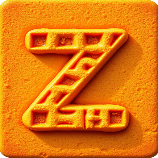 Create a vibrant and textured illustration of the letter Z designed as a waffle, featuring a warm golden-brown color with a grid pattern, in a whimsical style, captured with a high-resolution digital camera at f/2.8 aperture, 50mm lens, and soft natural lighting to enhance depth and detail.