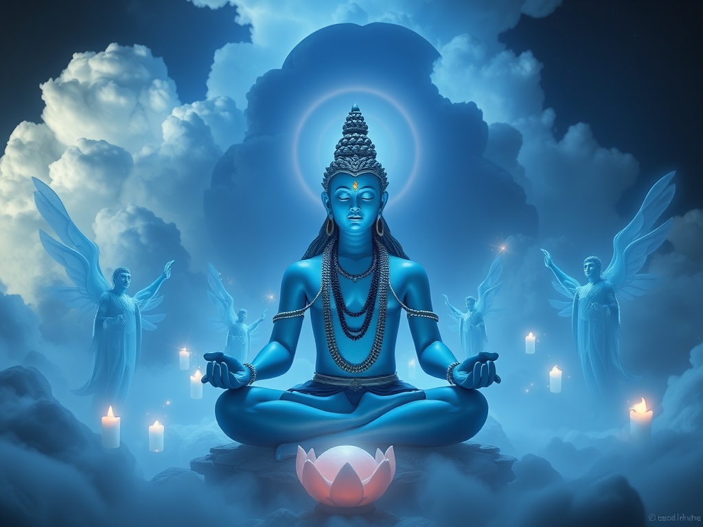 Create a high-resolution digital artwork of a blue-skinned deity meditating in a mystical atmosphere surrounded by ethereal figures, using a Canon EOS R5, 50mm f/1.2 lens, aperture f/2.8, ISO 100, and a long exposure to capture details in the clouds and glowing elements.