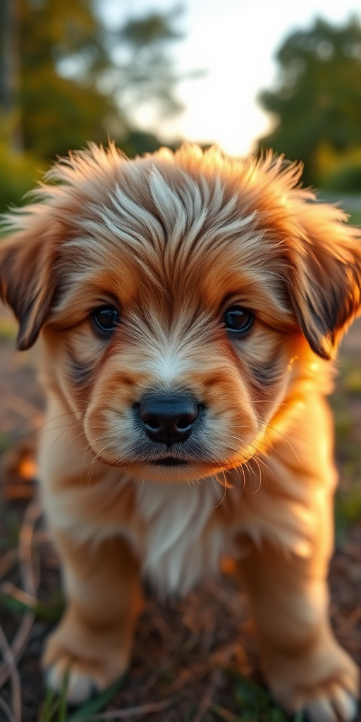 Capture a close-up of a fluffy puppy in a natural outdoor setting, with a shallow depth of field to blur the background, using a DSLR camera at f/2.8, ISO 200, 1/500s, golden hour lighting for soft shadows and warm tones, shot from eye level to emphasize the puppy's facial features.