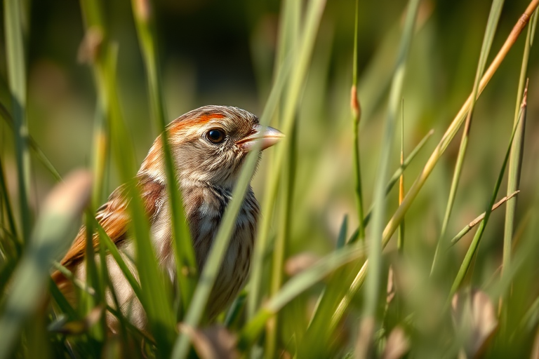 Capture a close-up of a sparrow partially hidden in tall grass, with a shallow depth of field at f/2.8, ISO 200, 1/500s shutter speed, using a DSLR camera with a macro lens, in natural light to enhance image quality.