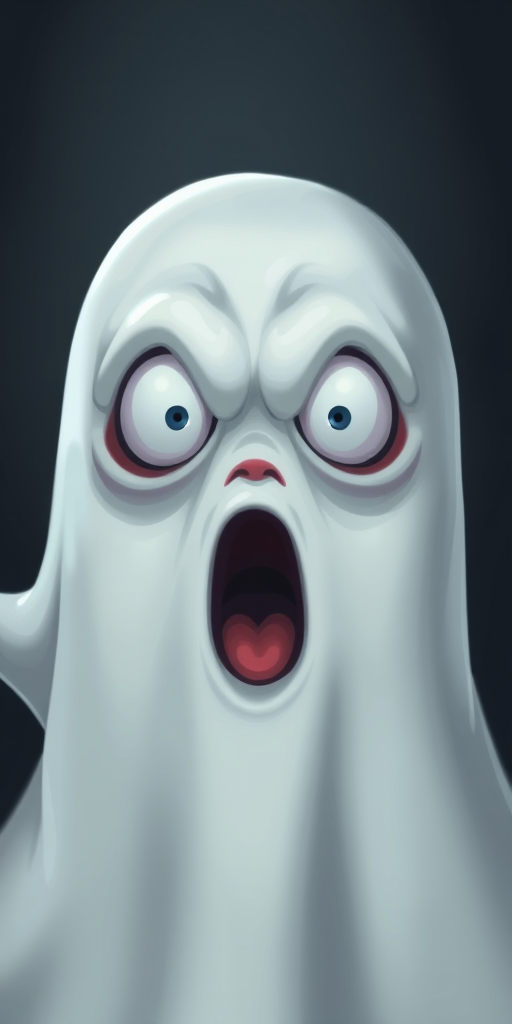 Create a high-resolution digital illustration of a shocked ghost face with exaggerated features, using a Canon EOS 5D Mark IV with a 50mm f/1.8 lens, set at ISO 100, aperture f/2.8, and a soft focus background to enhance the character's expression.