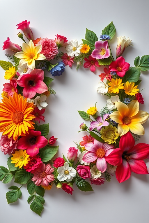 floral letter L design with colorful flowers and leaves in a vibrant and artistic style, shot with a Canon EOS R5 at f/8, ISO 100, 1/125 sec, in soft natural light, top-down view, using a macro lens for fine details and rich textures