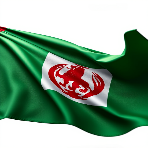 Create a high-resolution image of a waving Persian flag featuring a lion and sun emblem, captured with a Canon EOS 5D Mark IV, 50mm lens, aperture f/2.8, ISO 100, front view, soft lighting, focus on texture and color vibrancy.
