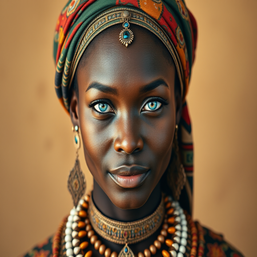 Create a portrait of a beautiful Zulu woman with striking cyan eyes and a gentle expression. She is adorned in traditional attire with intricate patterns, including a richly embroidered headscarf and matching garments. Her jewelry includes a delicate headpiece, dangling earrings, and ornate bracelets, all featuring vibrant gemstones and detailed metalwork. The background is soft and warm, enhancing the rich colors of her outfit and jewelry.