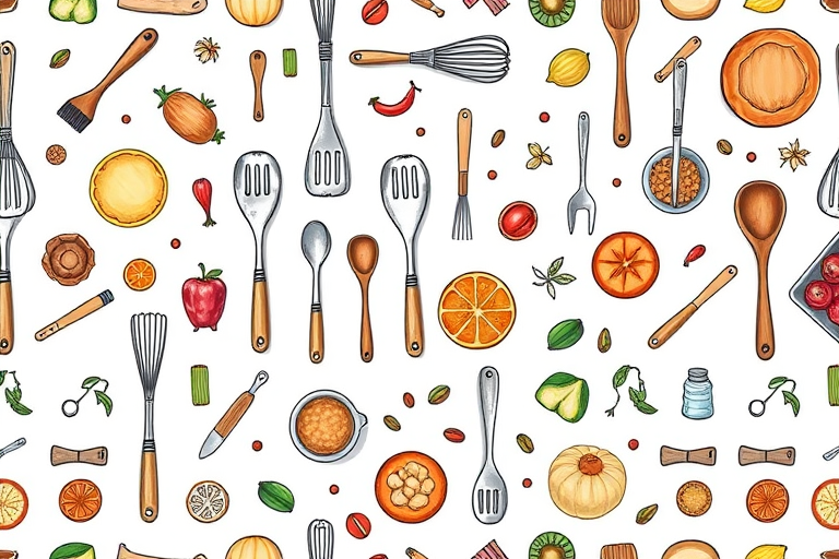 Create a high-resolution seamless pattern design featuring hand-drawn kitchen utensils, food items, and ingredients on a white background, captured with a 50mm lens, f/8 aperture, ISO 100, in a studio lighting setup using a DSLR camera.