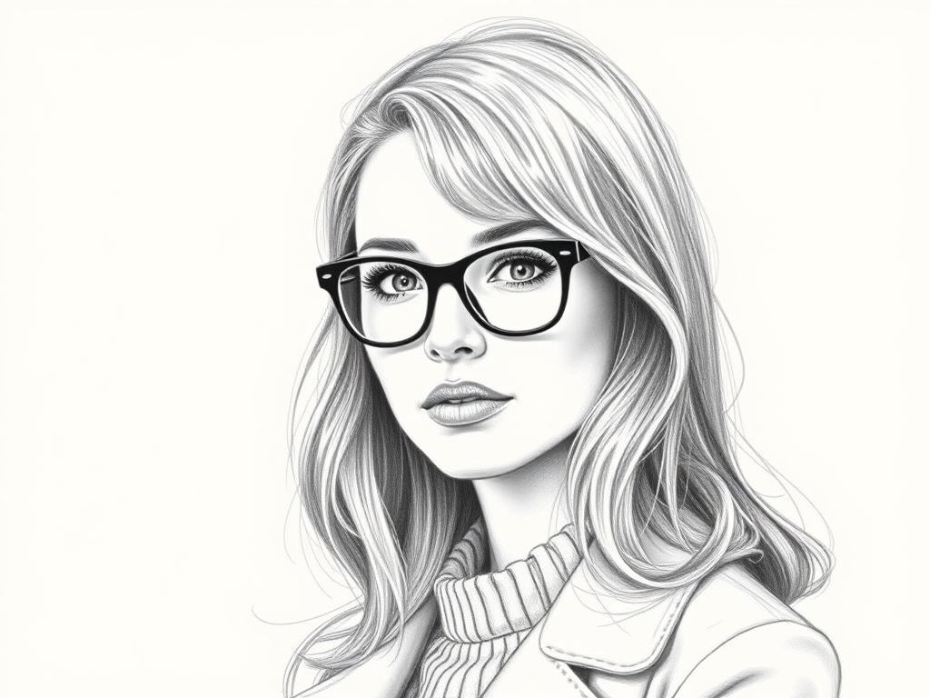 Beautiful Natalie Portman, pencil sketch, portrait of beautiful woman 60s in glasses, hair style beatnik, outline, clear lines, fine lines, 8k