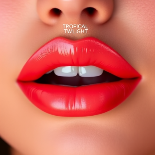Vibrant coral sunset lips with a glossy finish, named "Tropical Twilight," featuring a subtle ombre effect and a plumping formula for a fuller appearance