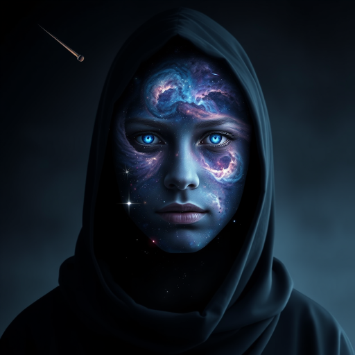 A mysterious hooded figure stands silently, the dark cloak flowing around them like shadows. Beneath the hood, their face is a mesmerizing cosmic scene where swirling galaxies, radiant stars, and vibrant planets form the features. Nebulas drift where eyes should be, glowing softly, while delicate streaks of cosmic energy trace the outlines of a nose and lips. Comets streak across the vastness of their face, and faint constellations pulse with life. The entire visage shifts and evolves as if the universe itself is contained within the figure, giving an ethereal, otherworldly presence to their form.
