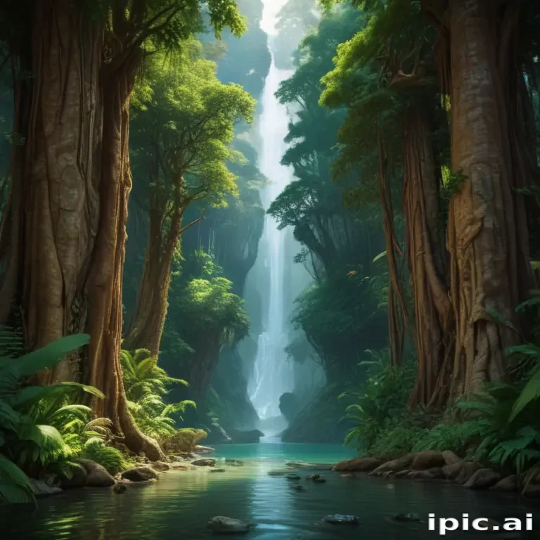Serene Jungle Oasis with Majestic Waterfall Surrounded by Lush Greenery