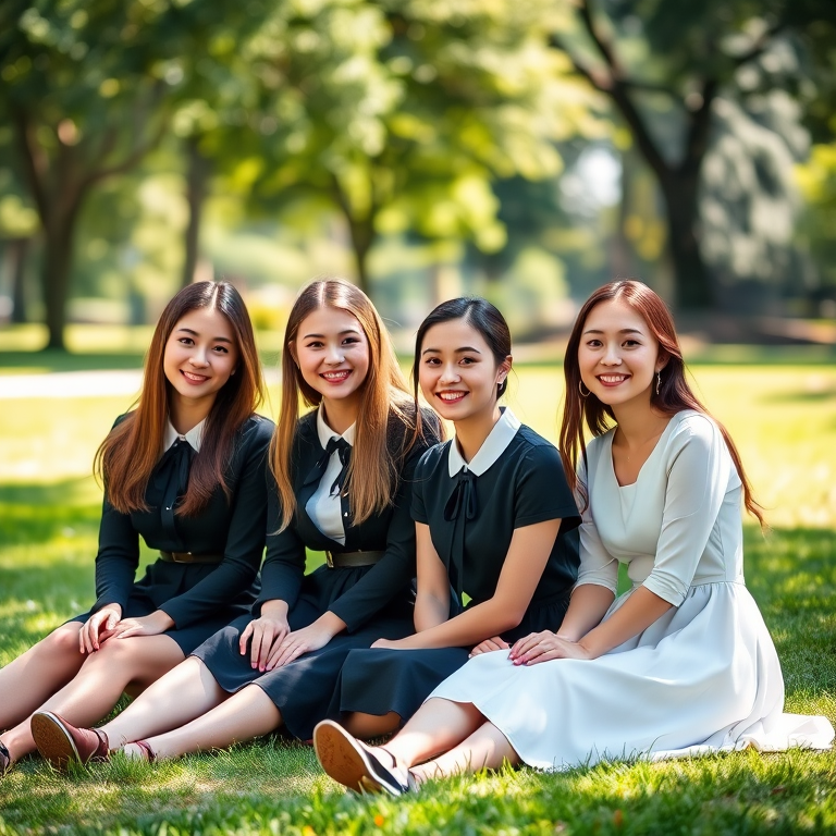 Capture a group of four young women in formal attire sitting on the grass in a sunny park setting, featuring soft lighting and a blurred background; use a DSLR camera with a 50mm lens, aperture set to f/1.8 for depth of field, ISO 200, and a shutter speed of 1/200s for clarity and vibrant colors.