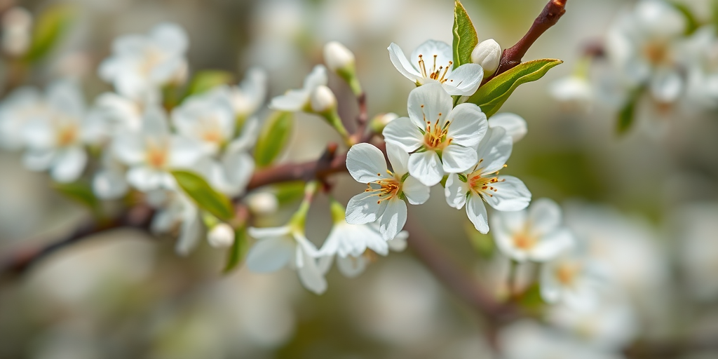 Capture a close-up shot of blooming white flowers on a branch with a shallow depth of field, using a DSLR camera with a 50mm lens, aperture set to f/2.8, ISO 100, and a shutter speed of 1/200s to create a soft, blurred background and enhance color vibrancy.