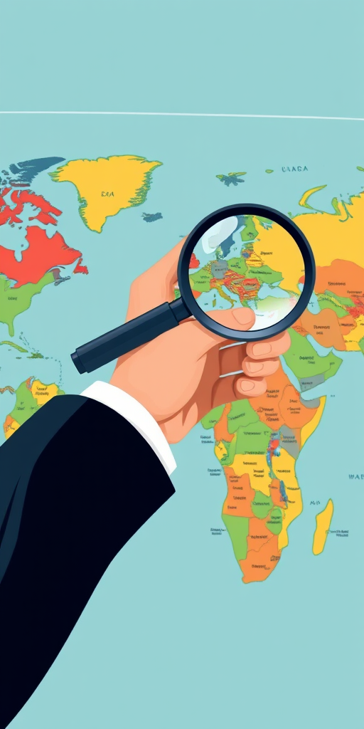 Create an illustration of a hand in a business suit holding a magnifying glass over a colorful map of the world, using a DSLR camera with a focal length of 50mm, aperture set to f/2.8, ISO 100, and a slight overhead view to enhance depth and clarity.