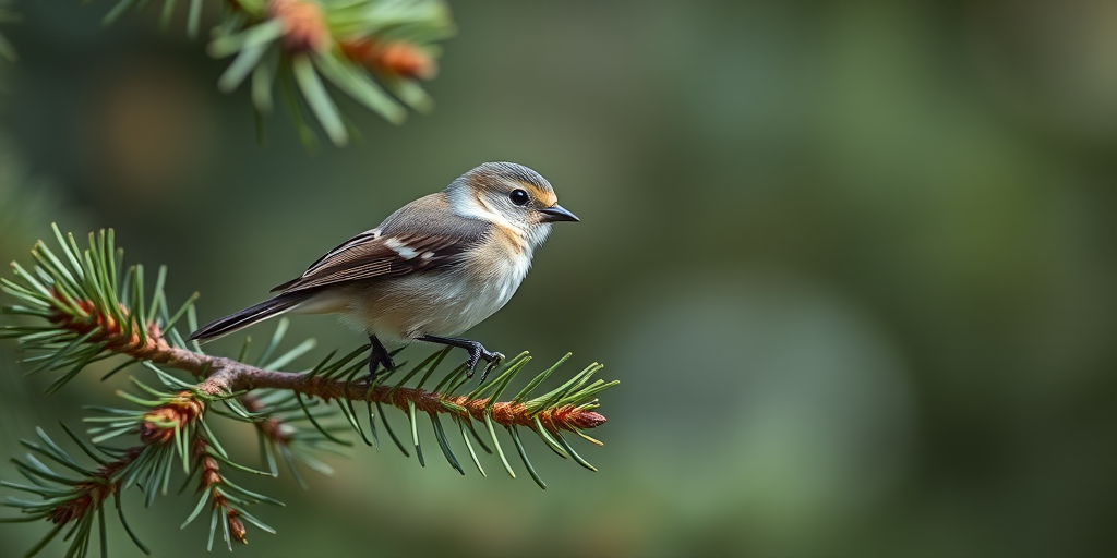 Capture a close-up of a small bird perched on a pine branch, use a Canon EOS R5, aperture f/2.8, shutter speed 1/500s, ISO 200, natural light, shallow depth of field, focus on the bird with soft bokeh in the background.