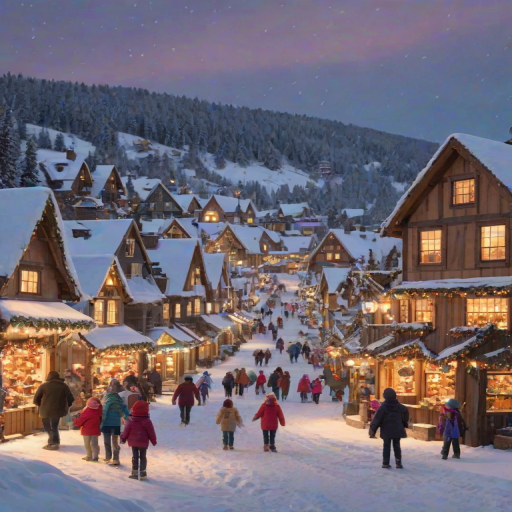 Quaint village during winter, with snow-covered rooftops, children building snowmen, and a festive market filled with twinkling lights and holiday cheer.