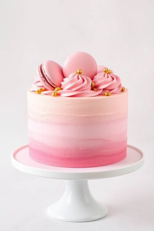 Create an image of a beautifully decorated cake with a gradient pink frosting, topped with pink macarons, swirls of frosting, and edible gold accents, placed on a white cake stand against a neutral background.
