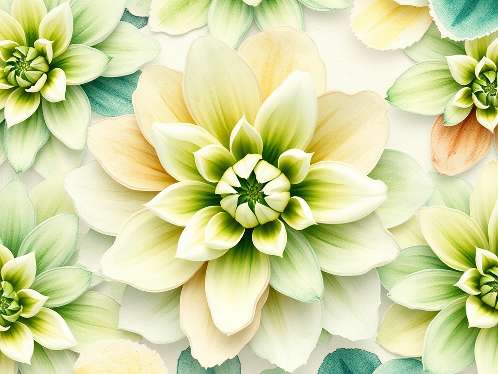 regenerate a floral pattern with soft watercolors featuring varying shades of green and pastel colors, macro lens, aperture f/2.8, shutter speed 1/125s, ISO 100, DSLR camera, top-down view, focus on texture and detail
