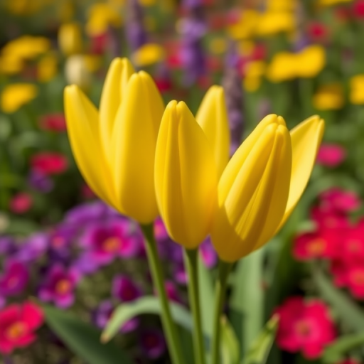 Capture a close-up shot of yellow lily buds in a vibrant garden, using a DSLR camera with a 50mm lens, aperture set to f/2.8 for shallow depth of field, ISO 200, and natural light for enhanced colors and clarity.