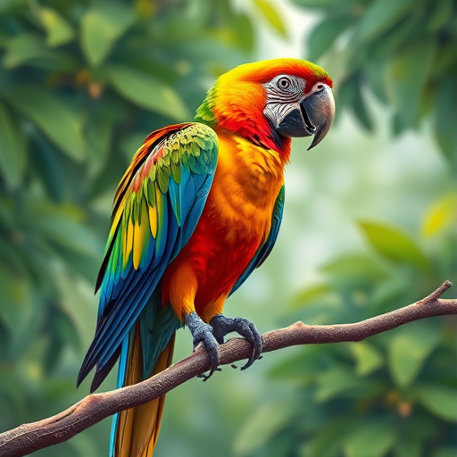 Regenerate a vibrant illustration of a parrot perched on a branch with detailed feathers and foliage in the background, use a Canon EOS R5, 50mm f/1.2 lens, aperture at f/4, ISO 100, natural lighting for enhanced color and clarity.