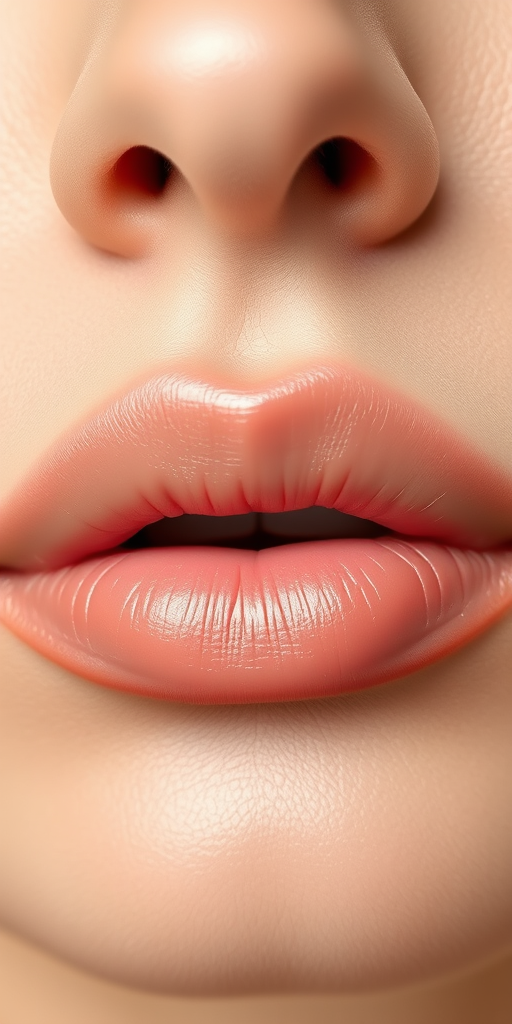 Elegant nude lips feature a satin texture, enhancing natural beauty with soft beige tones and subtle pink undertones, ideal for a timeless and versatile look